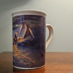 Thomas Kinkade A White Christmas 2013 Ceramic Mug Cup Coffee Tea Blue White